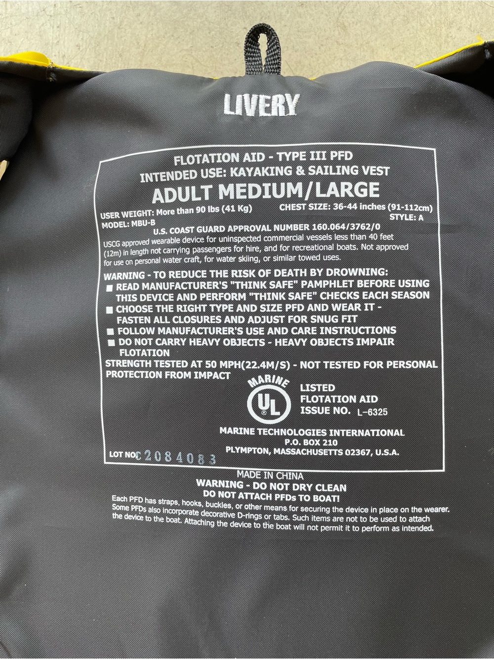 Mti Livery Yellow Black Safety Life Jacket Vest Adult M/L Kayaking Sailing - Picture 3 of 5